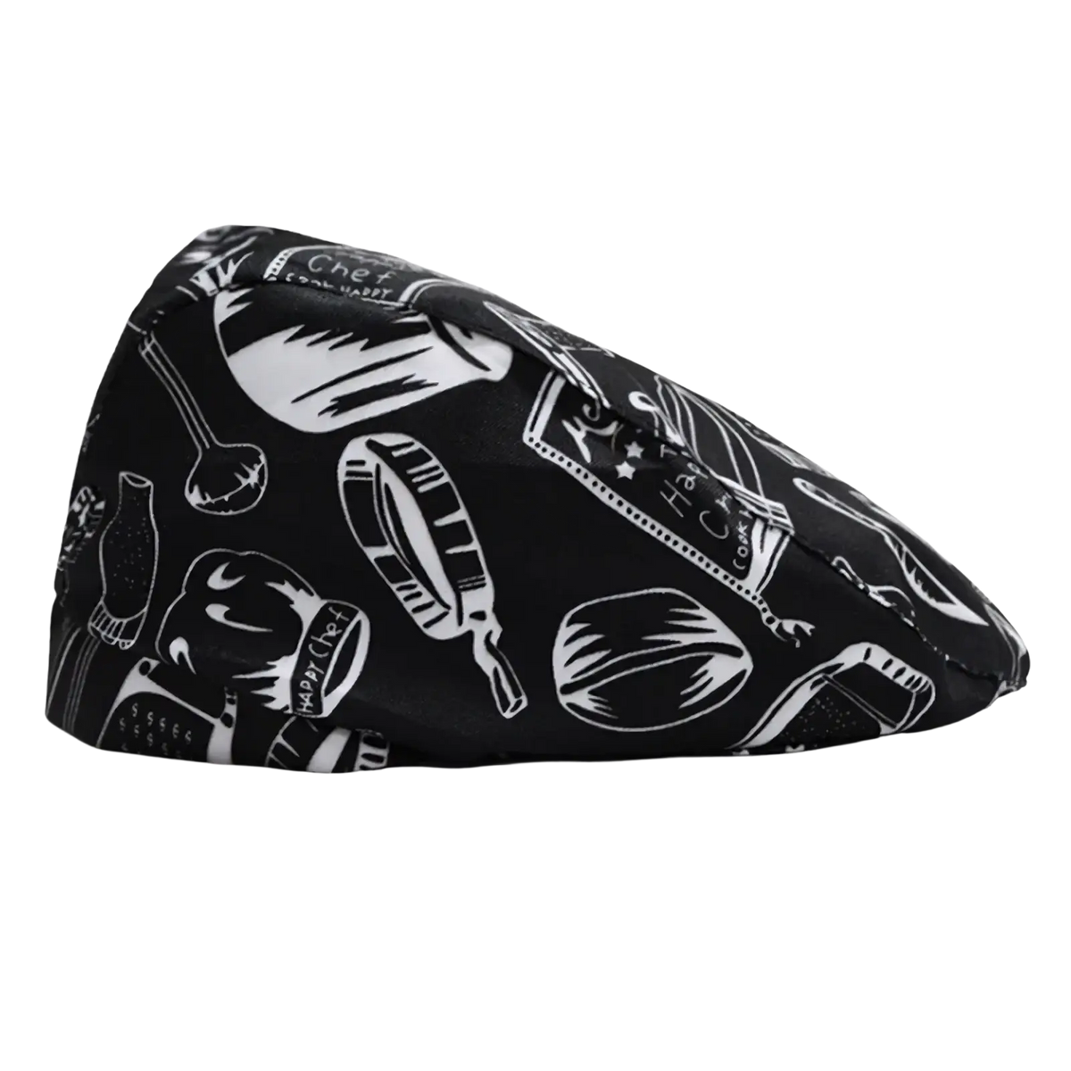 Checkered flat cap unisex cotton beret in black with white kitchen utensil line drawings and chef printed on it