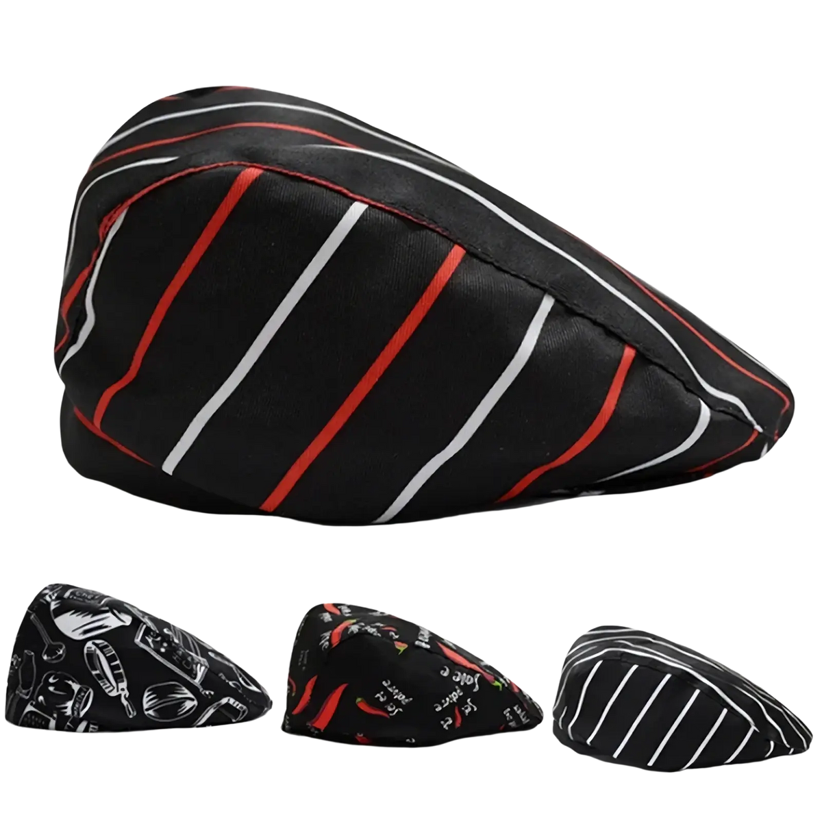 Black chef’s hat with bold red and white diagonal stripes made of durable fabric in checkered flat cap unisex cotton beret style