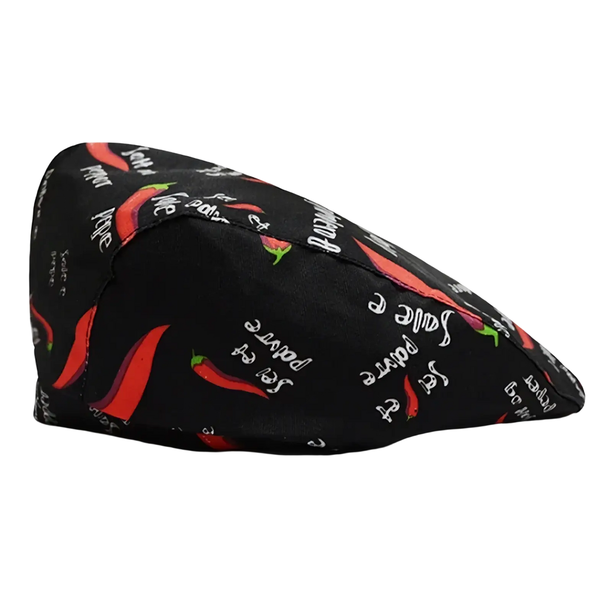 Checkered flat cap unisex cotton beret featuring a black chef hat pattern with red chili peppers and french culinary text