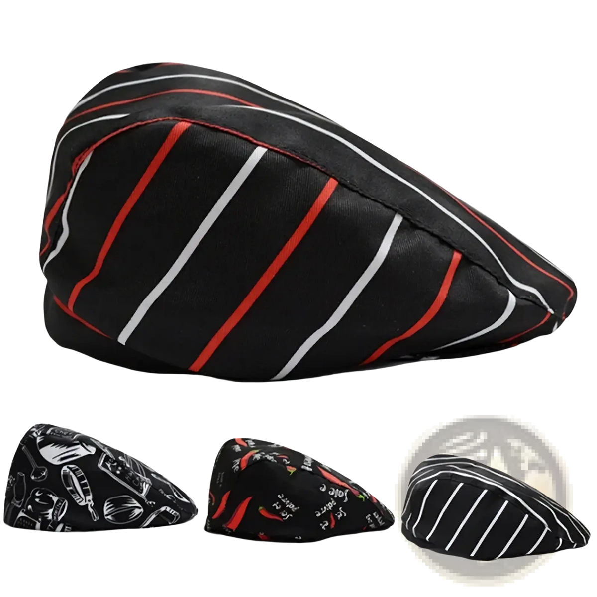 Black chef’s hat with bold red and white diagonal stripes made of durable fabric in checkered flat cap unisex cotton beret style