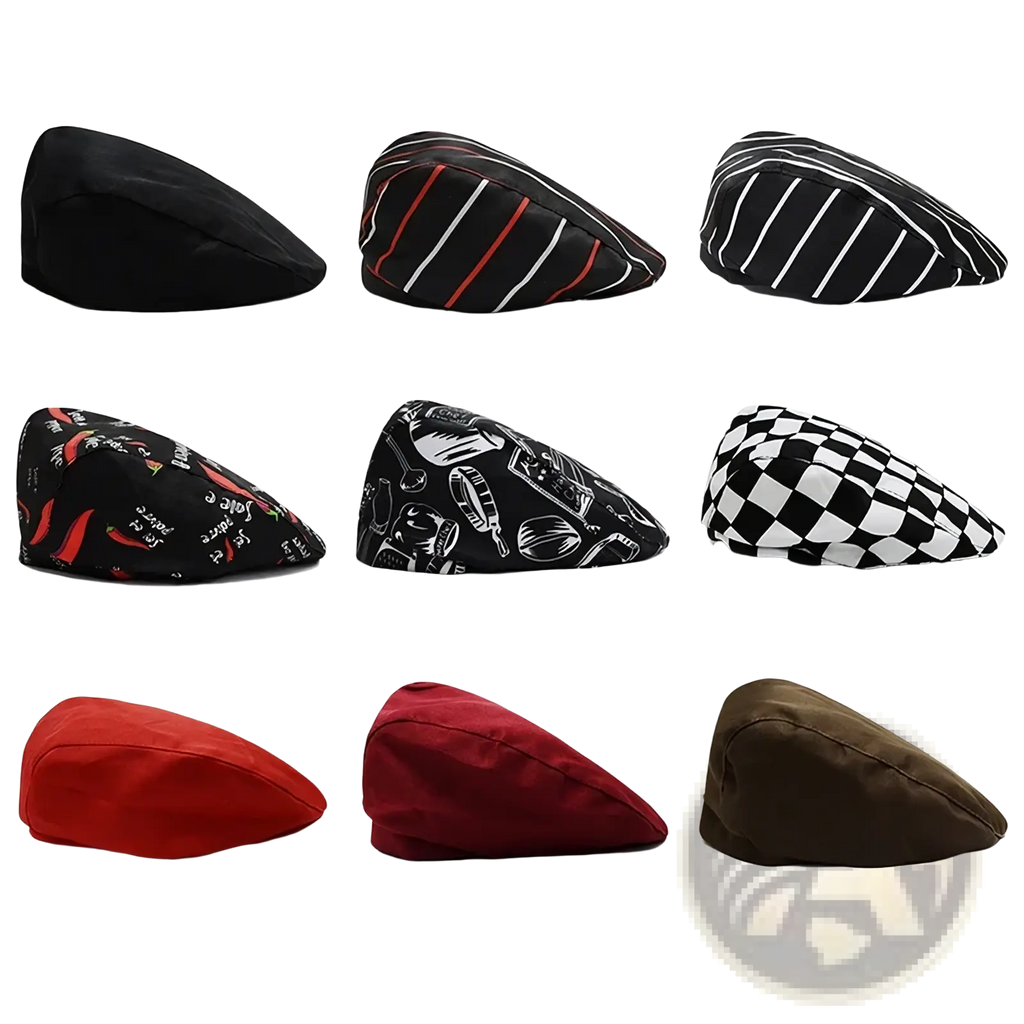 Black checkered flat cap unisex cotton beret with red and white striped pattern on chef’s hat design