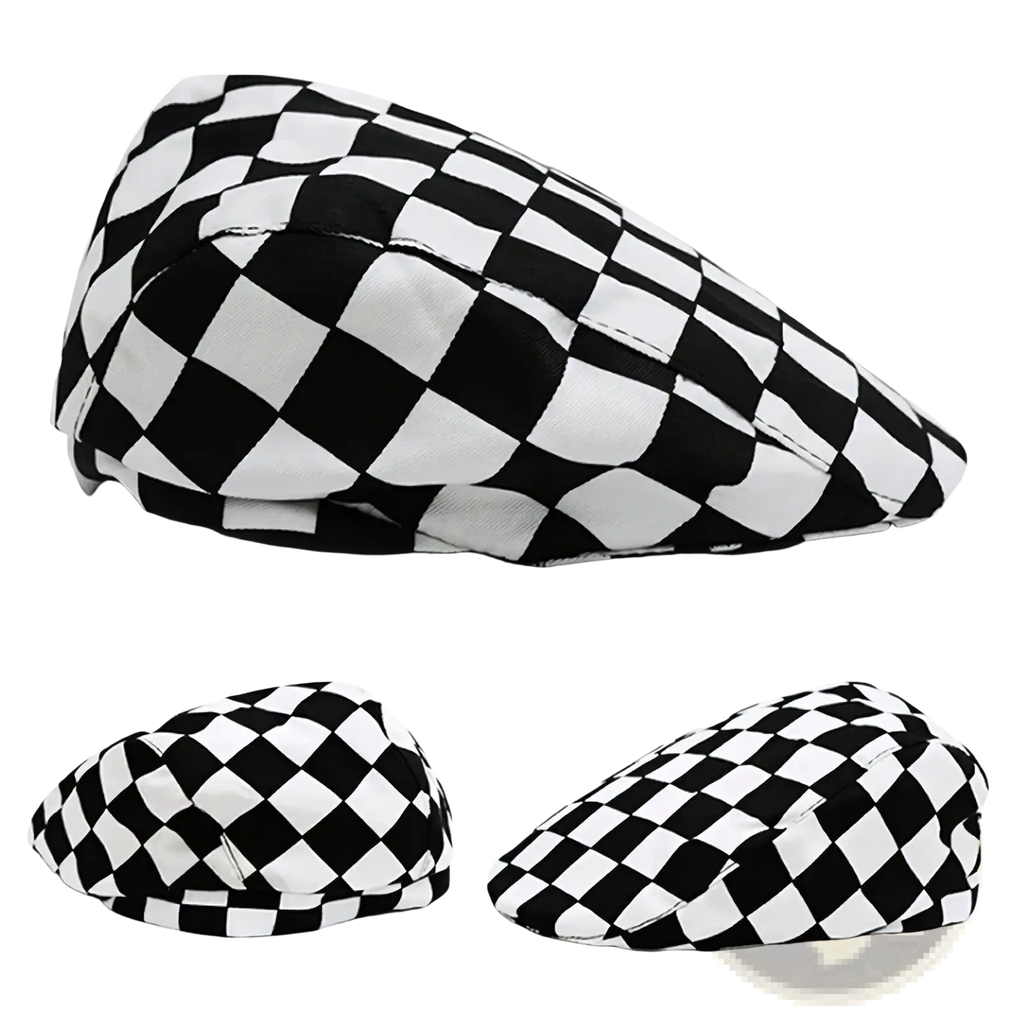 Black and white checkered flat cap unisex cotton beret with a classic bold pattern and flat crown design