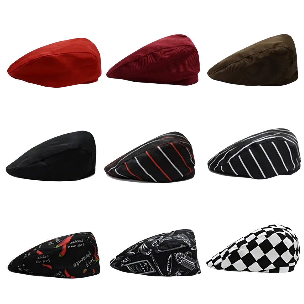 A collection of unisex cotton beret chef hats in solid colors and patterned designs including checkered and chili prints