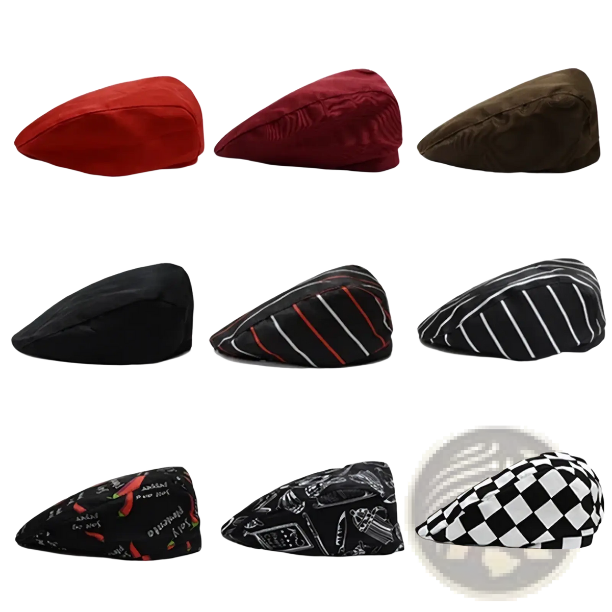 A collection of unisex cotton beret chef hats in solid colors and patterned designs including checkered and chili prints