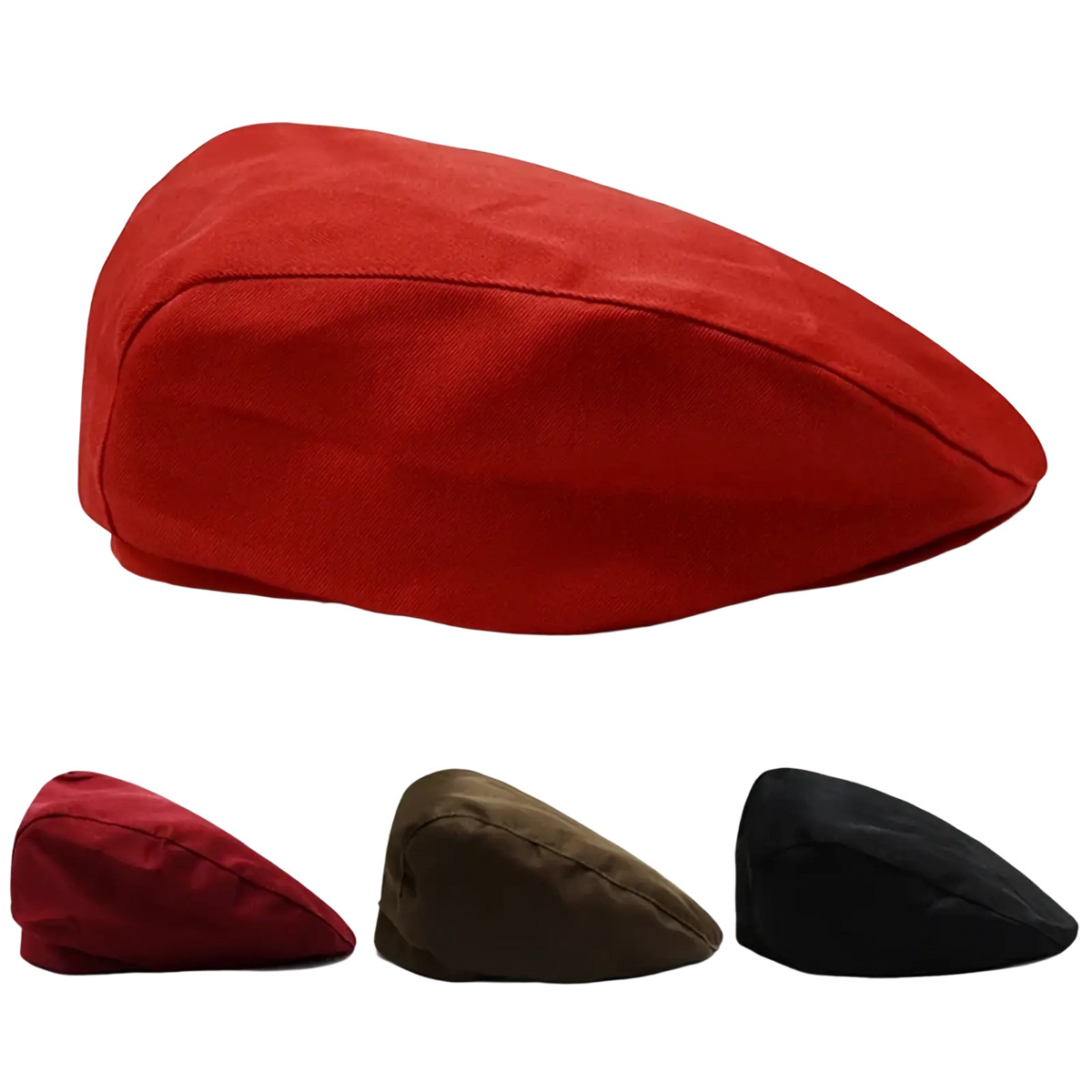 Red canvas flat cap with a structured rounded crown and stitched seams in a unisex cotton beret style