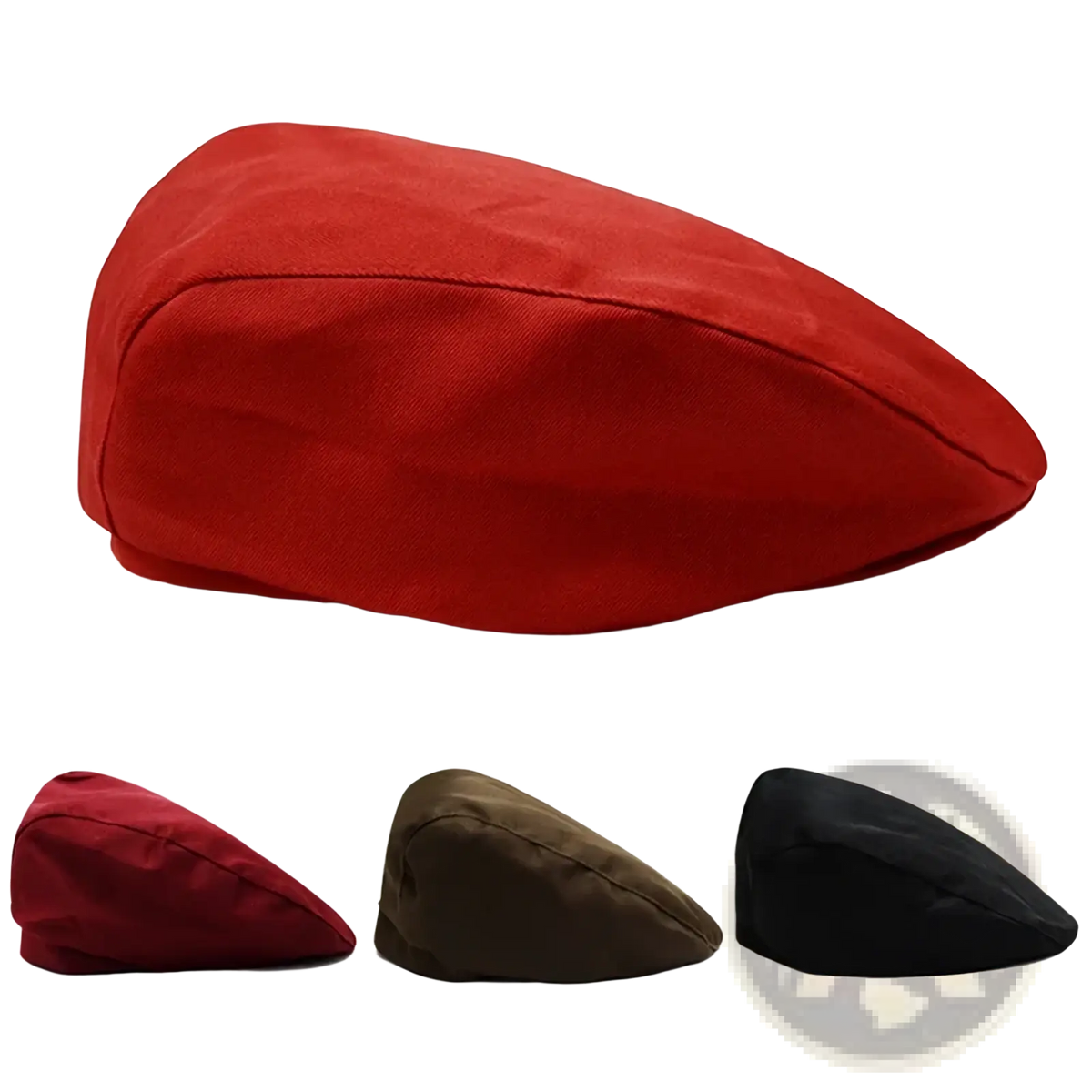 Red canvas flat cap with a structured rounded crown and stitched seams in a unisex cotton beret style
