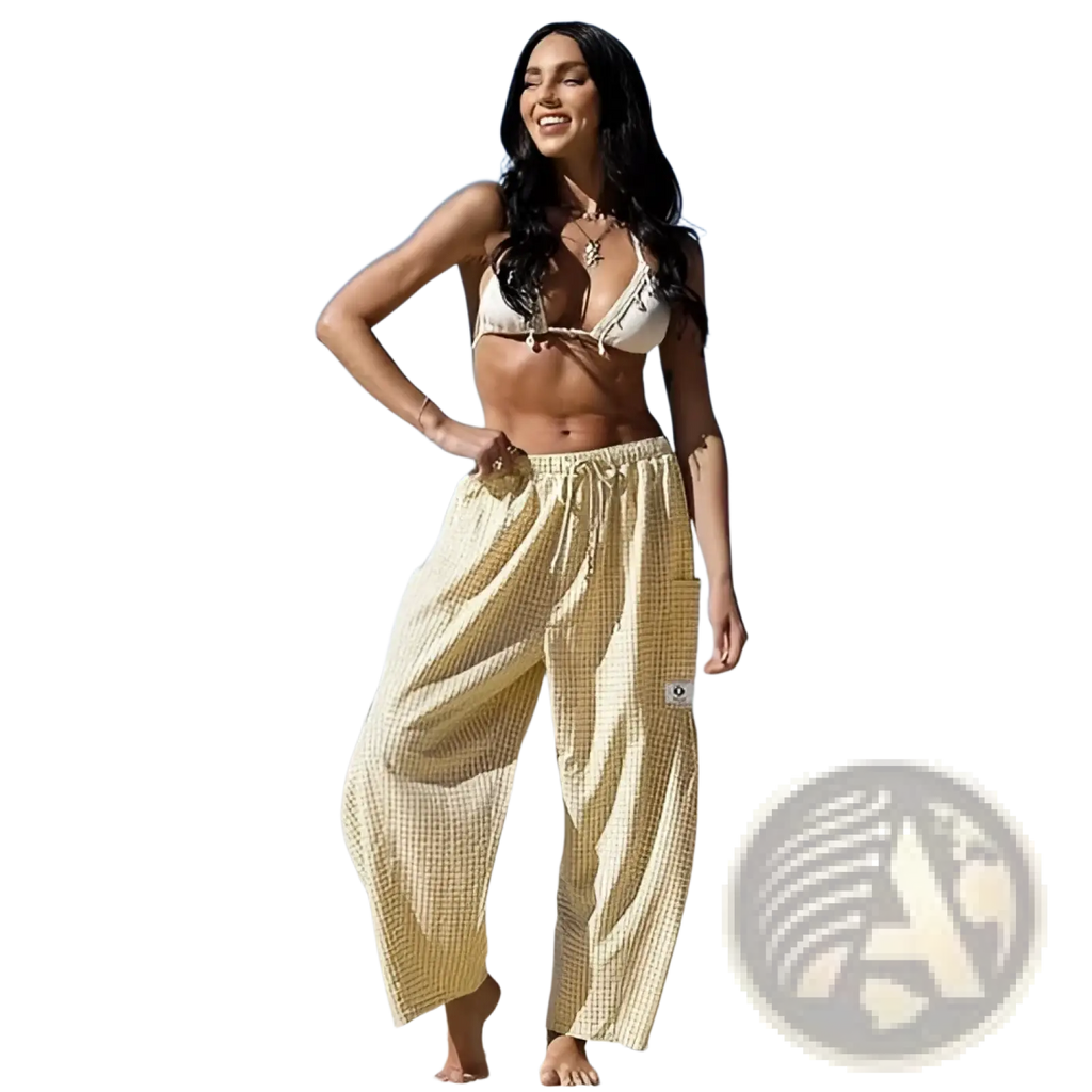 Yellow and white checkered wide-leg harem pants with elastic waistband and drawstring trousers for casual wear