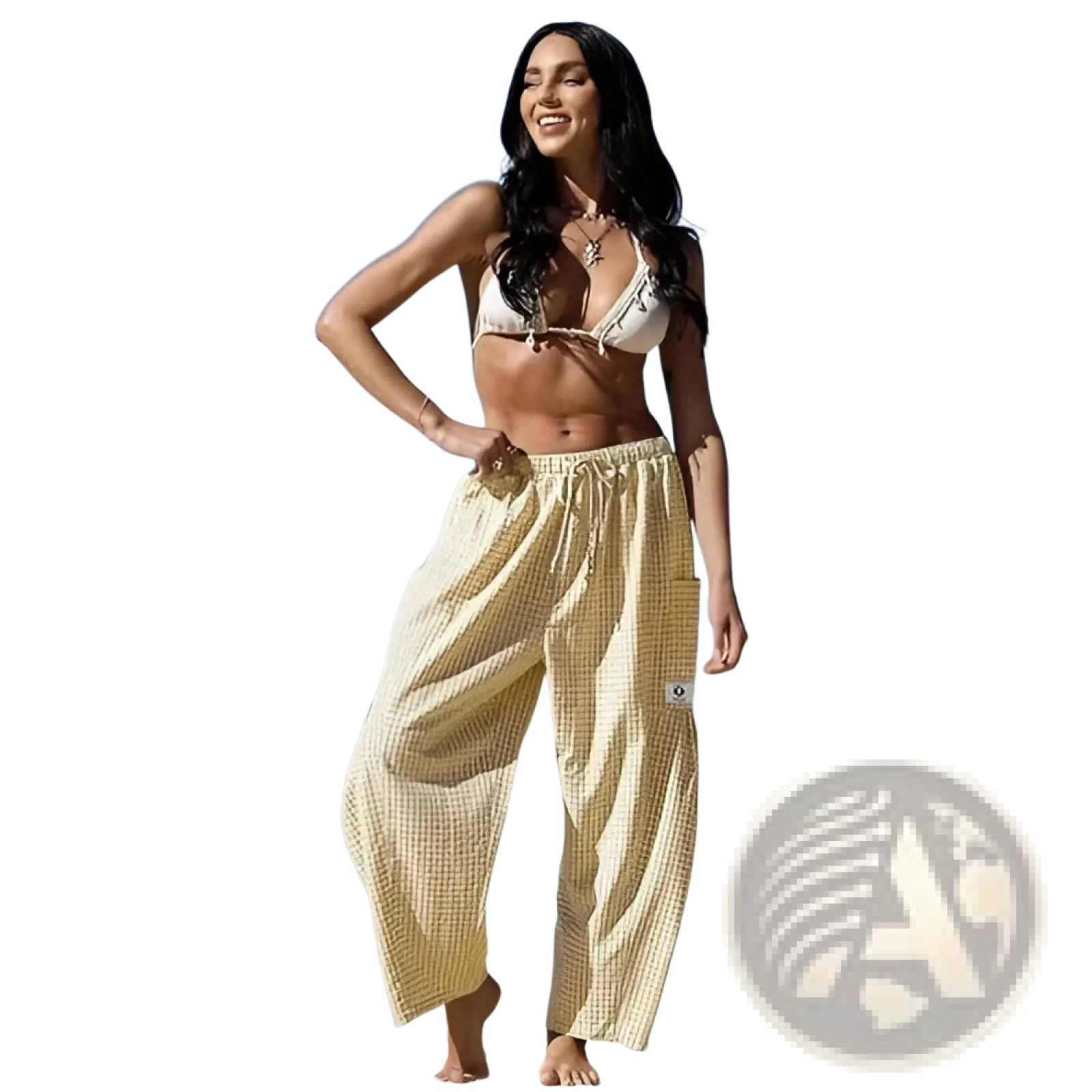 Yellow and white checkered wide-leg harem pants with elastic waistband and drawstring trousers for casual wear