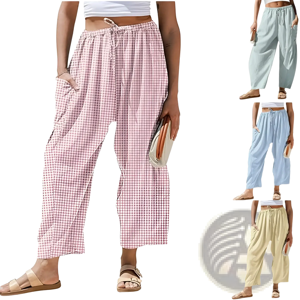 Pink and white gingham check wide leg harem pants with elastic waistband and loose fit drawstring trousers