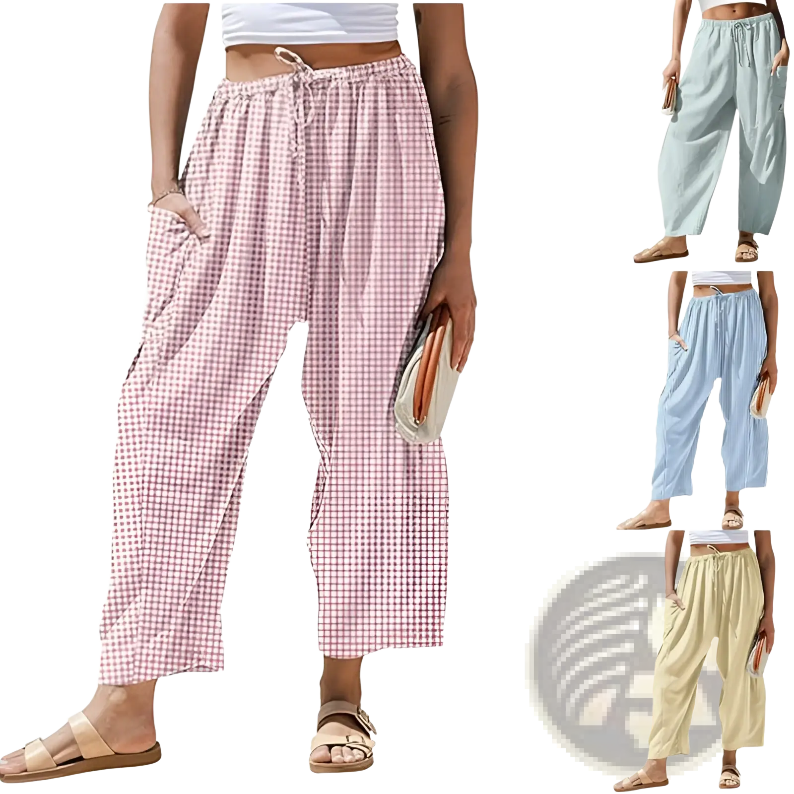 Pink and white gingham check wide leg harem pants with elastic waistband and loose fit drawstring trousers