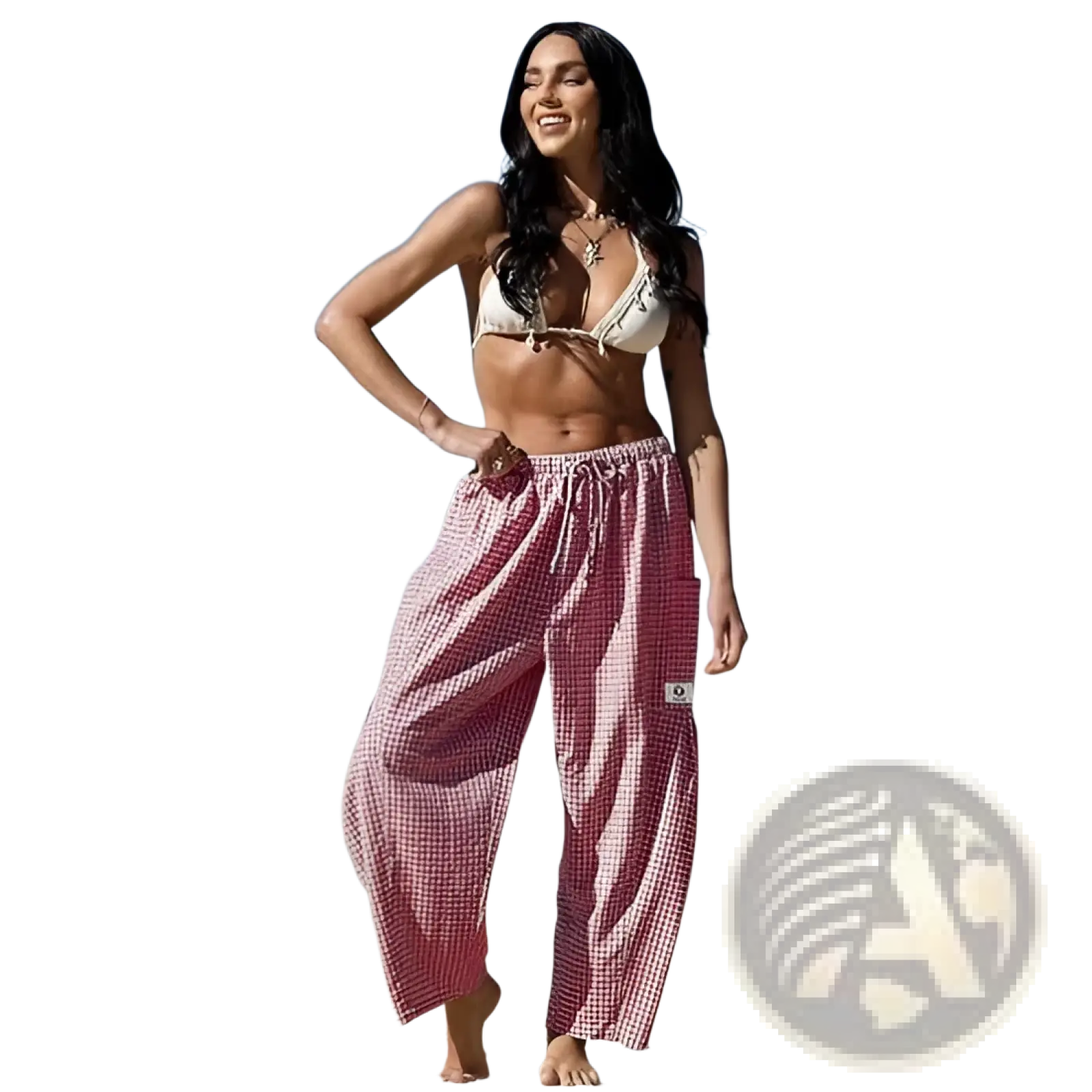 Checkered harem pants wide leg drawstring trousers in red and white gingham pattern with elastic waistband
