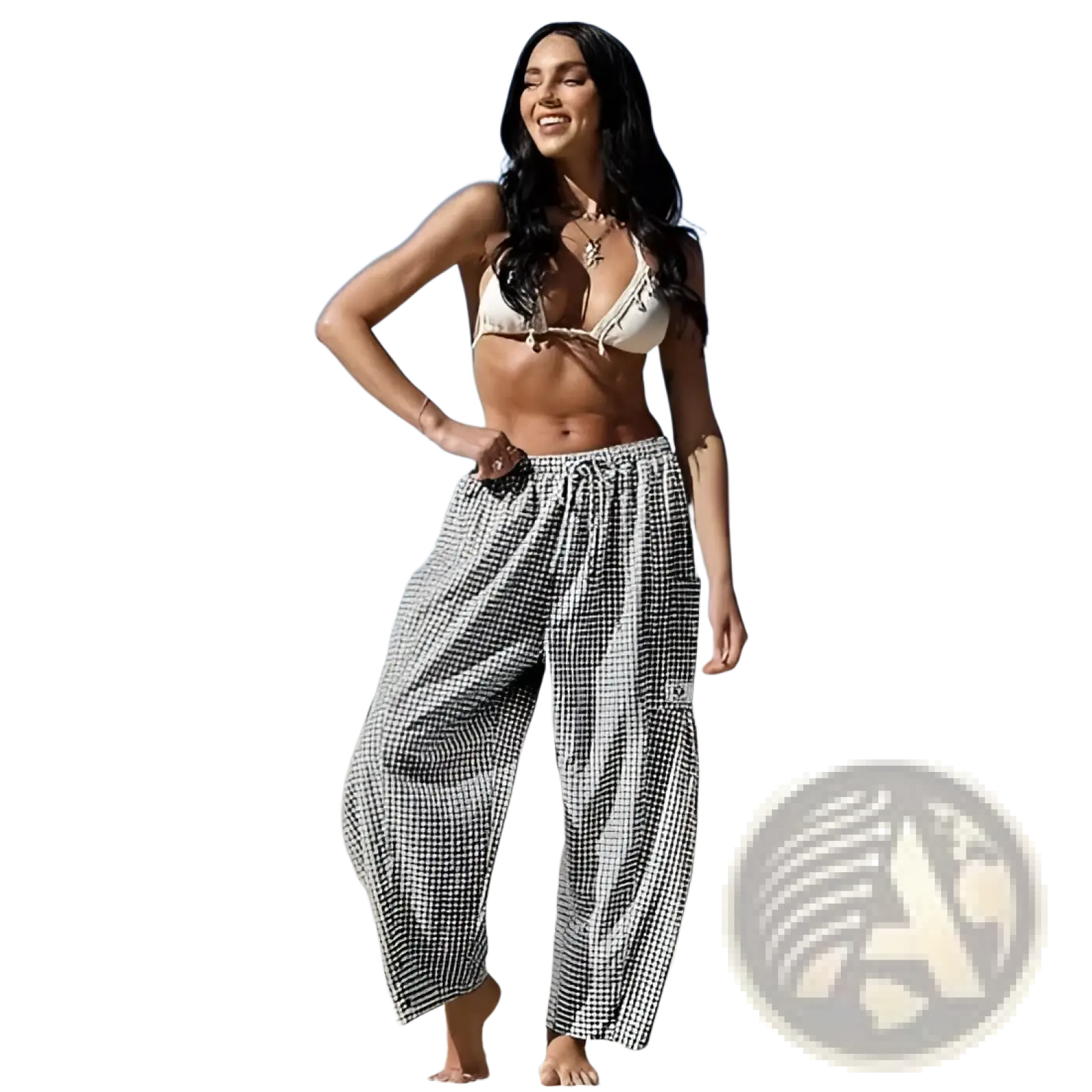 Checkered harem pants wide leg drawstring trousers in black and white gingham pattern with a relaxed fit