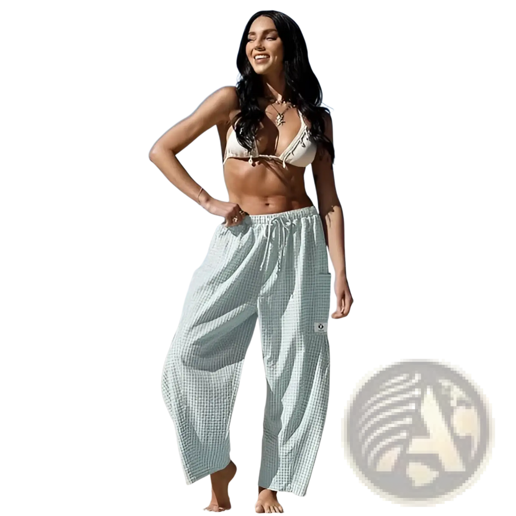 Light green and white checkered wide-leg harem pants with elastic waistband and drawstring trousers design