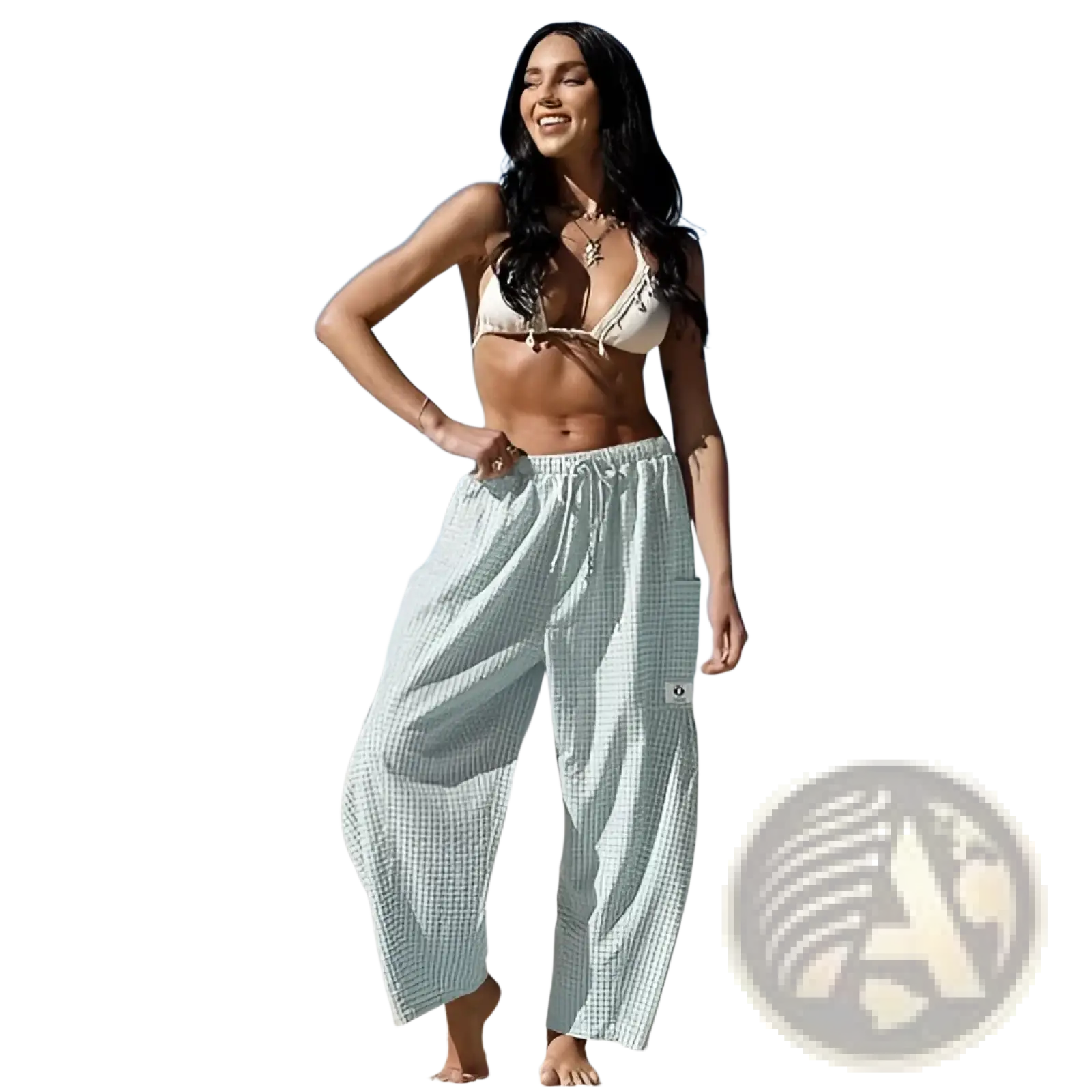 Light green and white checkered wide-leg harem pants with elastic waistband and drawstring trousers design