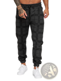 Checkered plaid jogger pants men in black and gray with elastic cuffs made of soft comfortable fabric