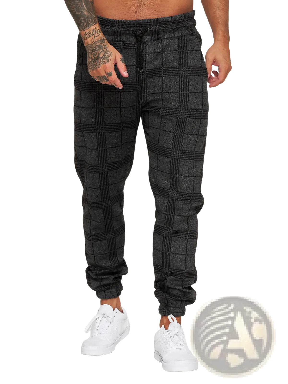 Checkered plaid jogger pants men in black and gray with elastic cuffs made of soft comfortable fabric