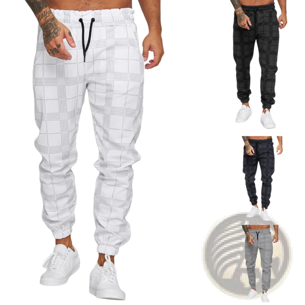 White plaid checkered jogger pants for men with black drawstring waistband and elastic cuffs for comfortable wear