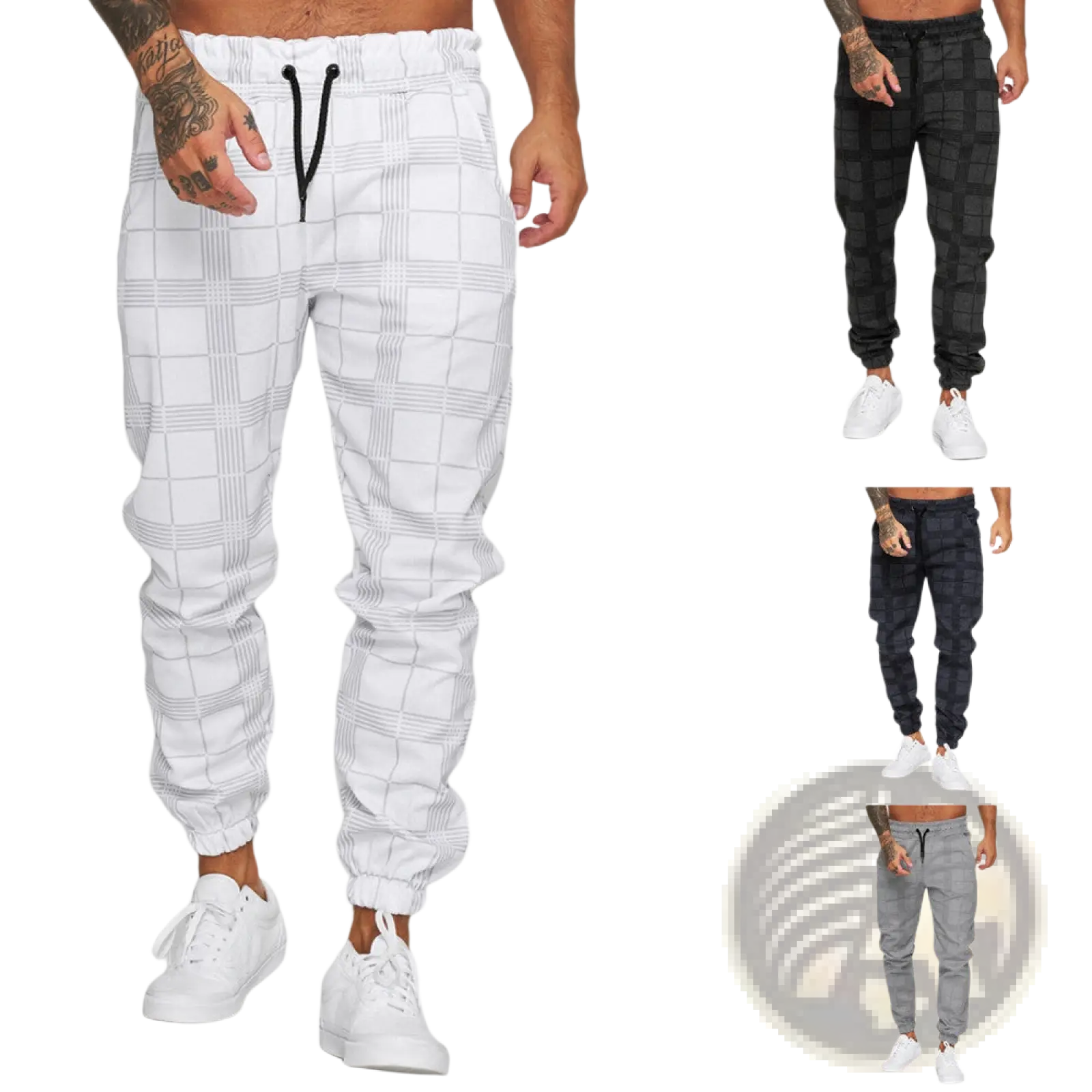 White plaid checkered jogger pants for men with black drawstring waistband and elastic cuffs for comfortable wear