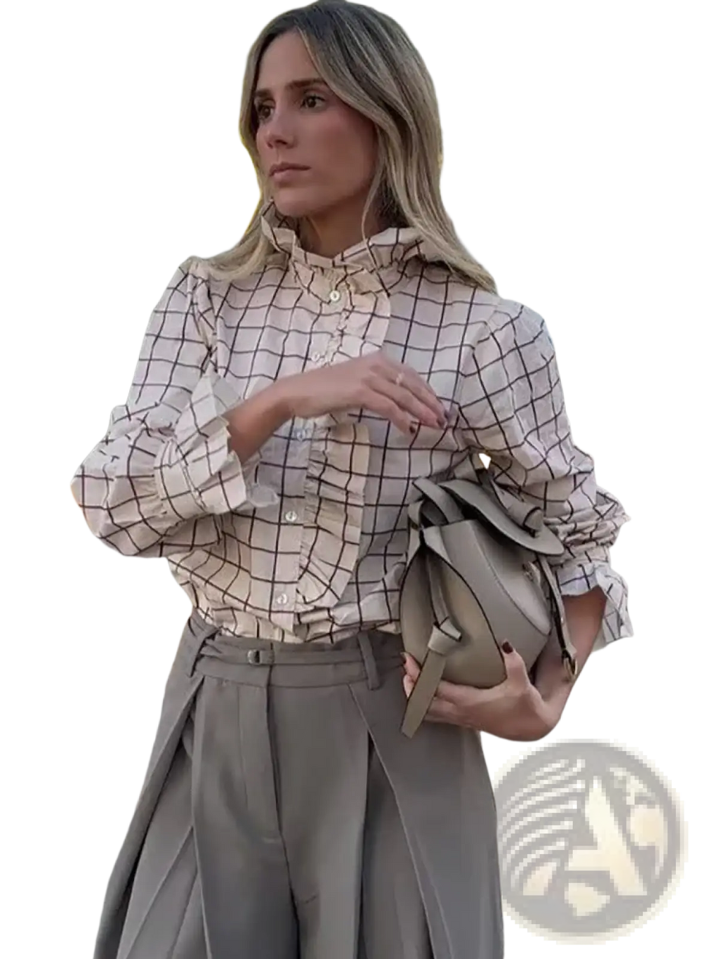 Beige and black checkered chiffon blouse with ruffled sleeves featuring a lightweight and elegant design