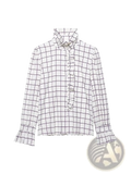 White chiffon checkered blouse with black grid pattern featuring ruffled collar and cuffs for elegant wear