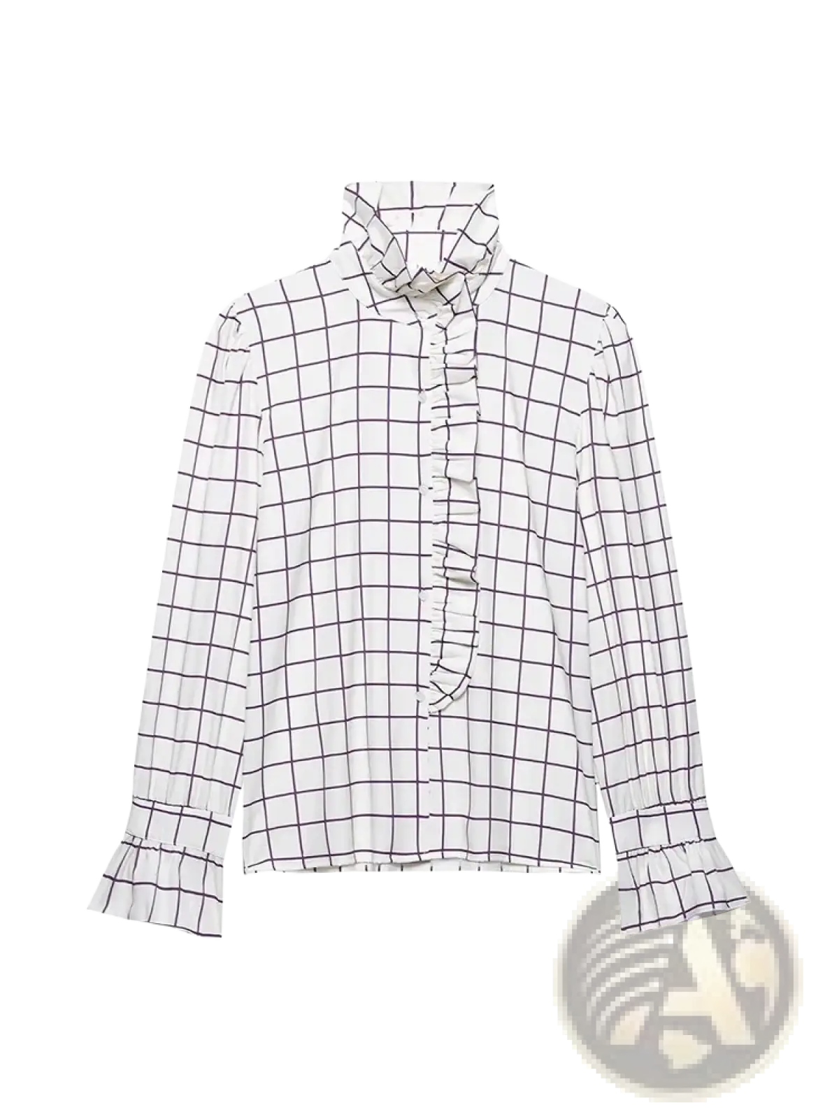 White chiffon checkered blouse with black grid pattern featuring ruffled collar and cuffs for elegant wear