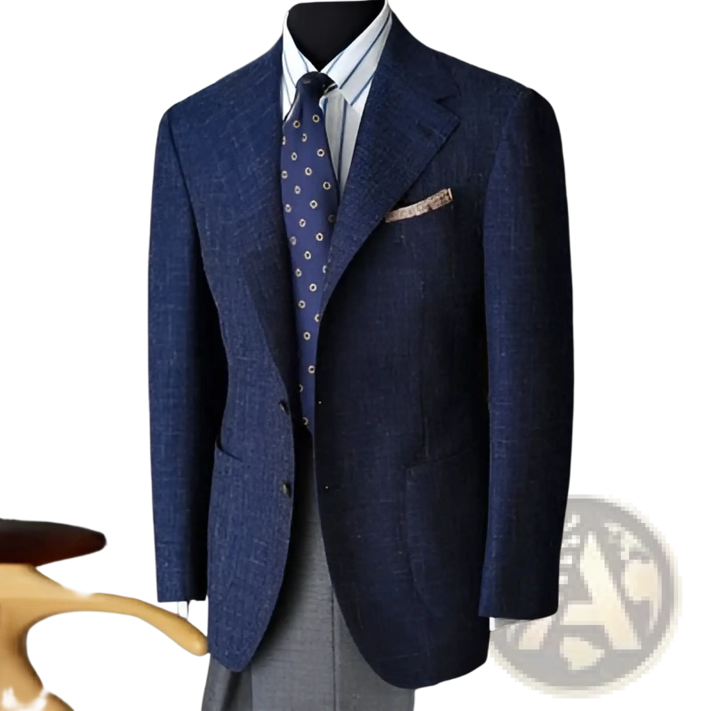 Checkered slim fit mens navy wool blazer with subtle check pattern and matching pocket square in textured wool