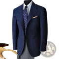 Checkered slim fit mens navy wool blazer with subtle check pattern and matching pocket square in textured wool