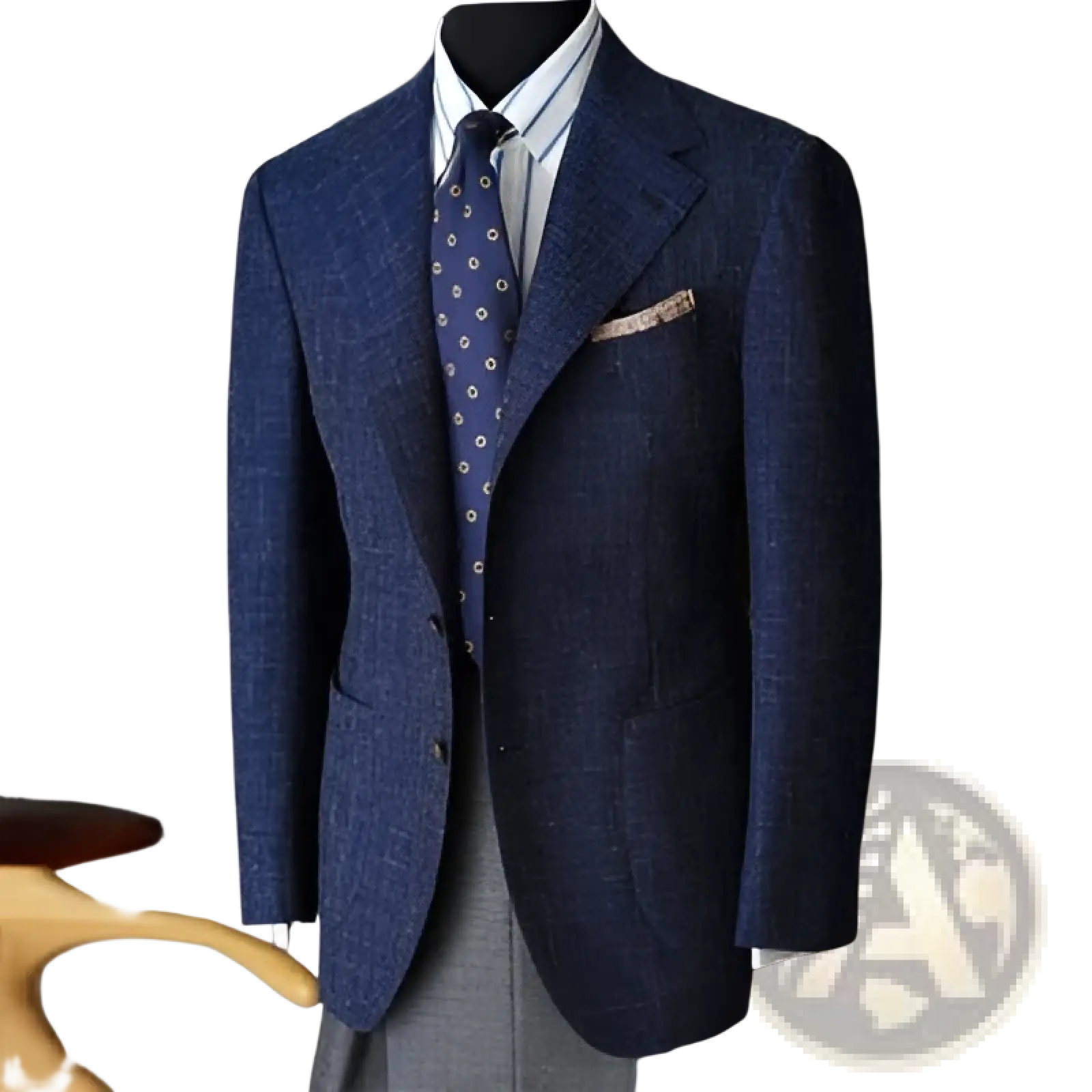Checkered slim fit mens navy wool blazer with subtle check pattern and matching pocket square in textured wool