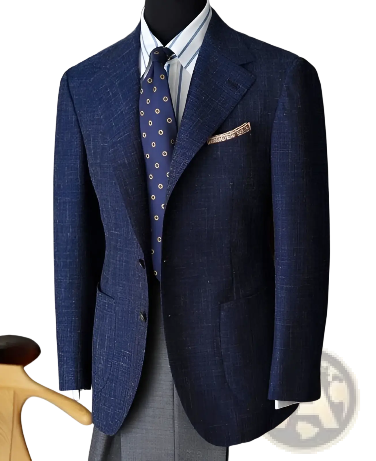 Checkered slim fit mens navy wool blazer in textured fabric with subtle pattern and matching pocket square