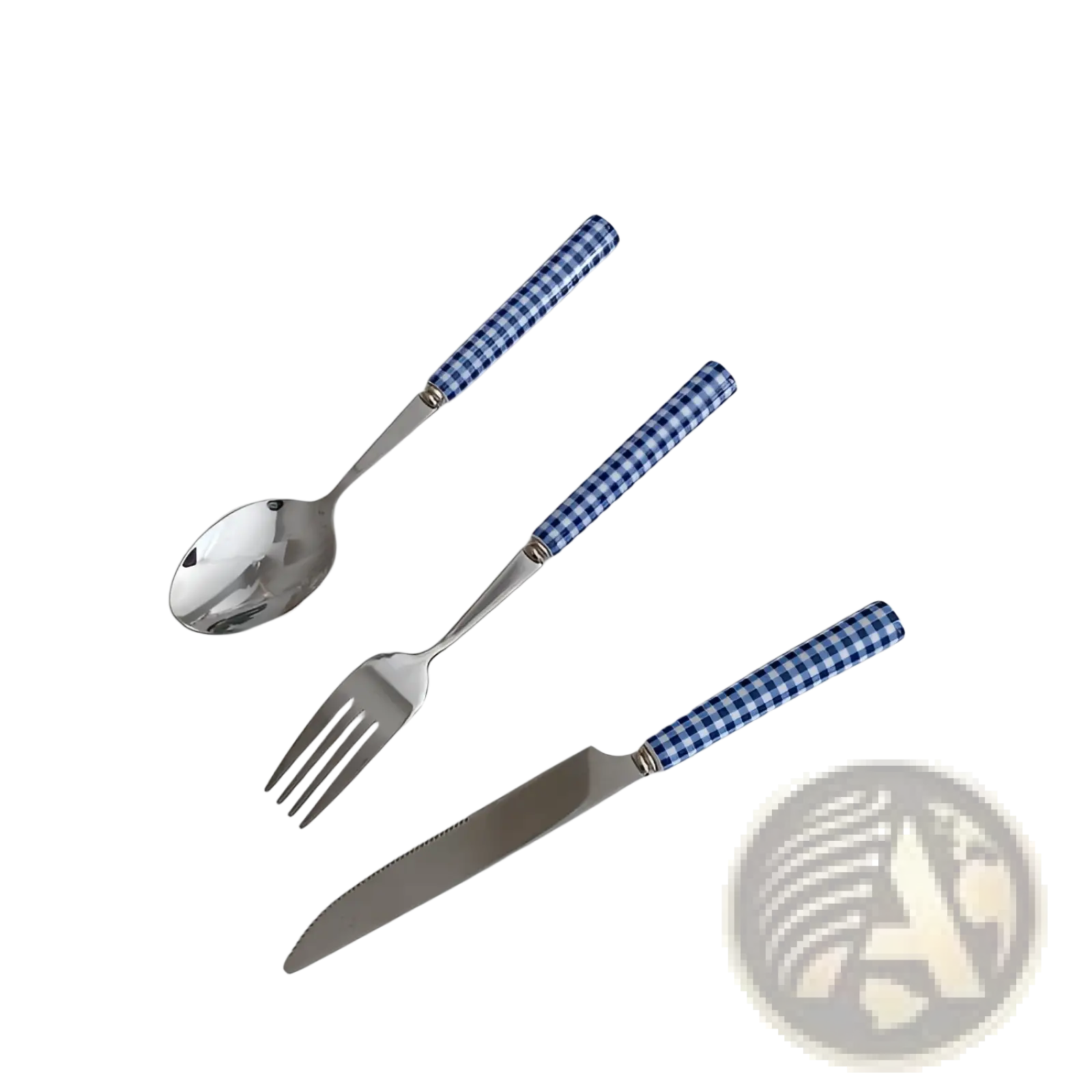 Blue and white checkered handle cutlery set with stainless steel blades for durable tableware use