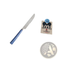 A blue and white checkered handle knife with a serrated stainless steel blade from a cutlery tableware set