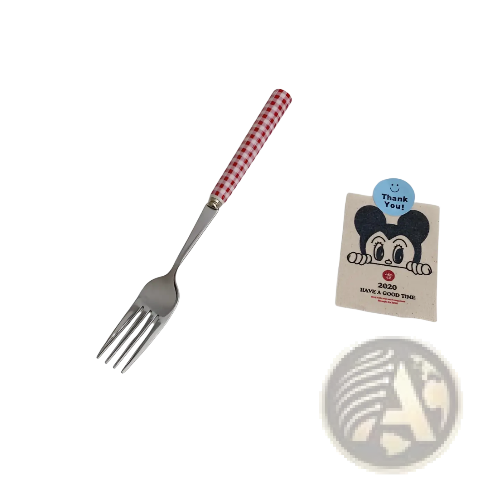 Checkered stainless steel cutlery tableware set featuring a red and white checkered fork with a stainless steel blade
