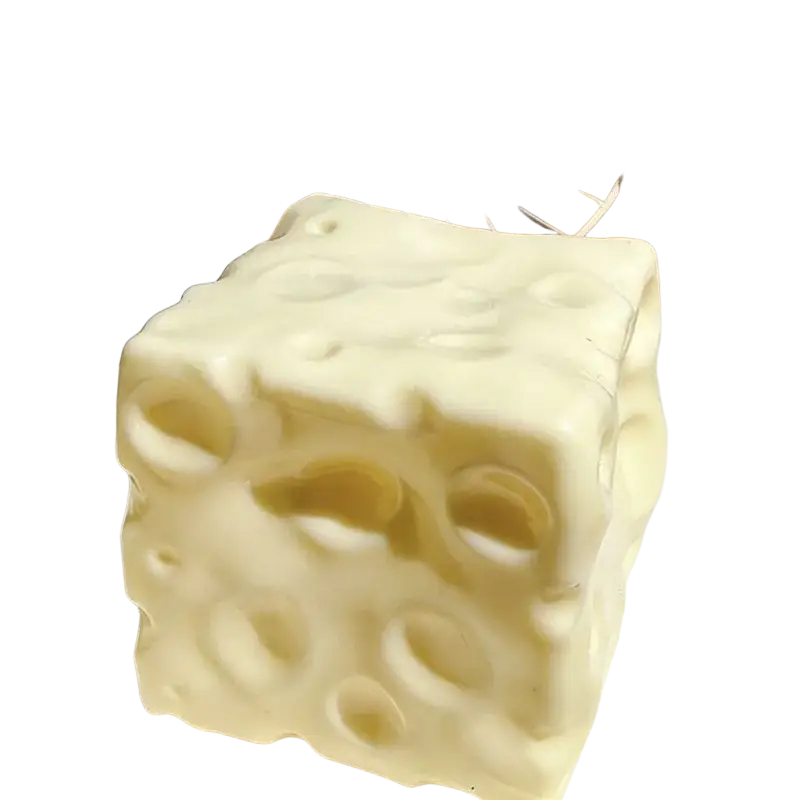 A creamy white cheese block stress relief squeeze toy shaped like a cube with swiss cheese hole texture