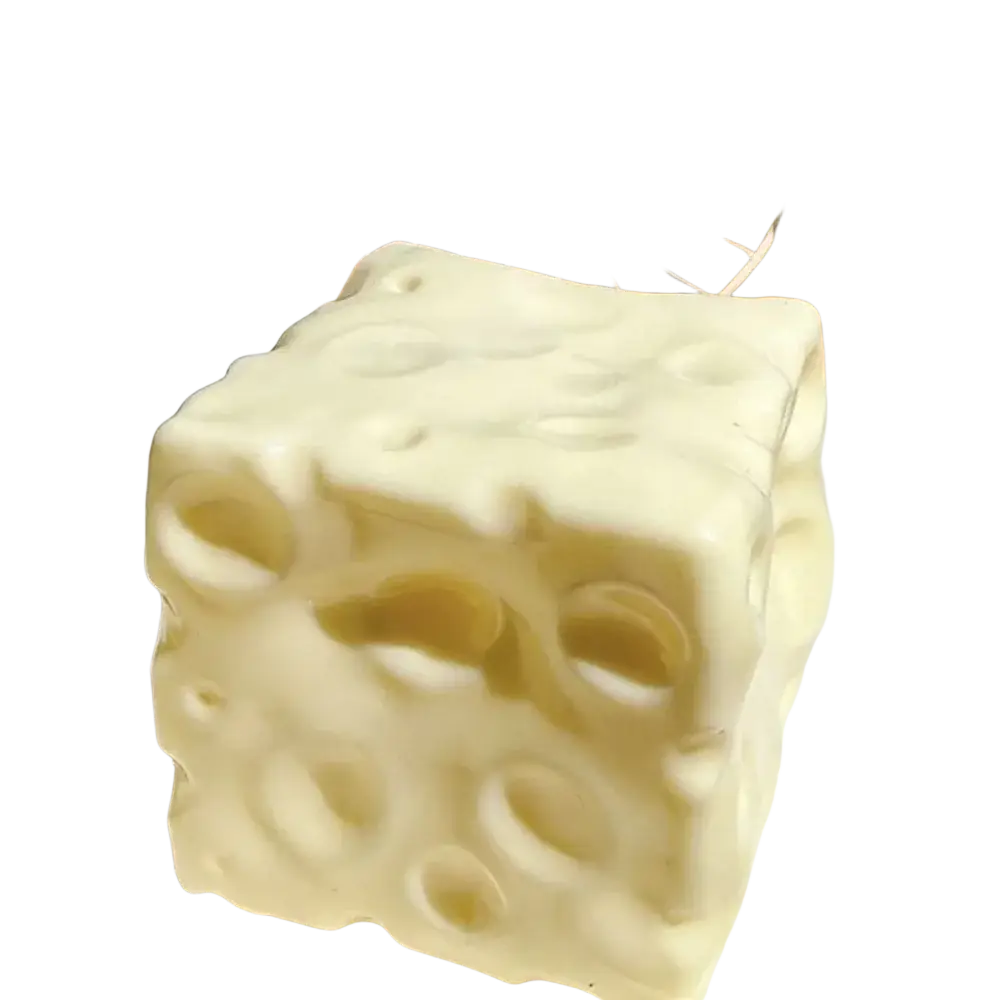 A creamy white cheese block stress relief squeeze toy shaped like a cube with swiss cheese holes texture