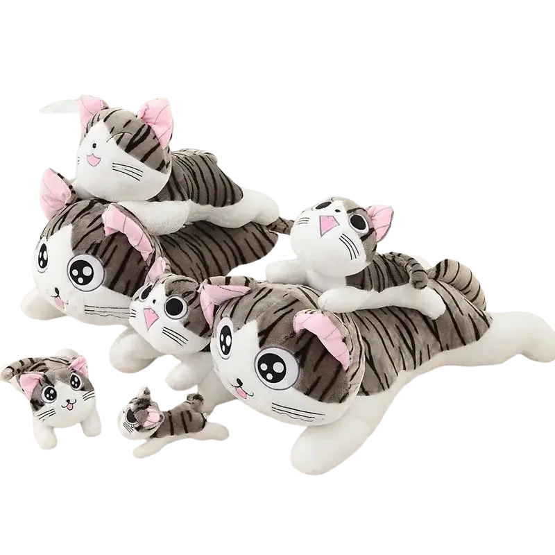 Adorable cheese cat soft animal plush toy with gray and white striped fur and pink inner ears in soft animal dolls collection