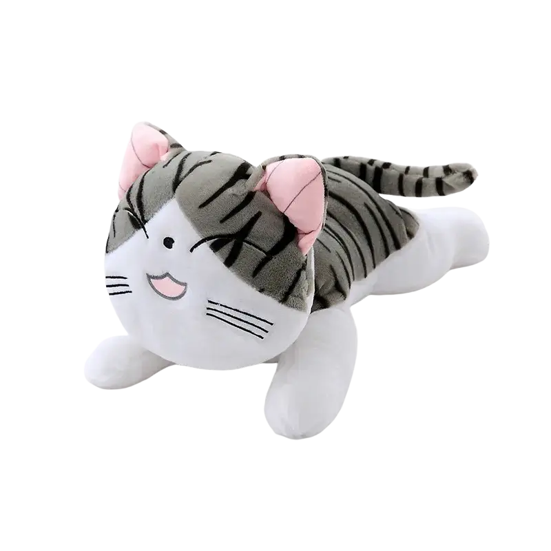 Cute gray and white striped cheese cat soft animal plush toy with pink ears and black whiskers smiling face soft animal dolls