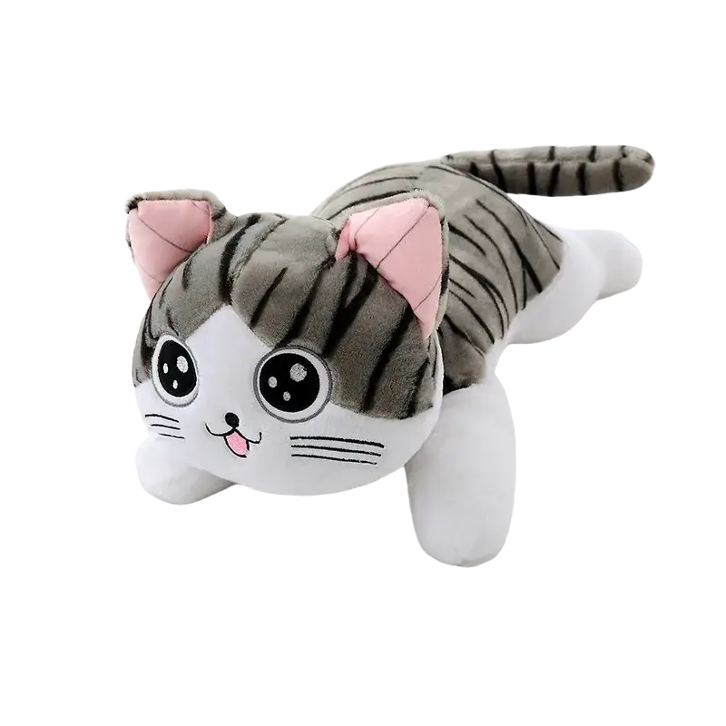 A plush gray and white cheese cat soft animal doll with pink ears and embroidered whiskers soft animal toy