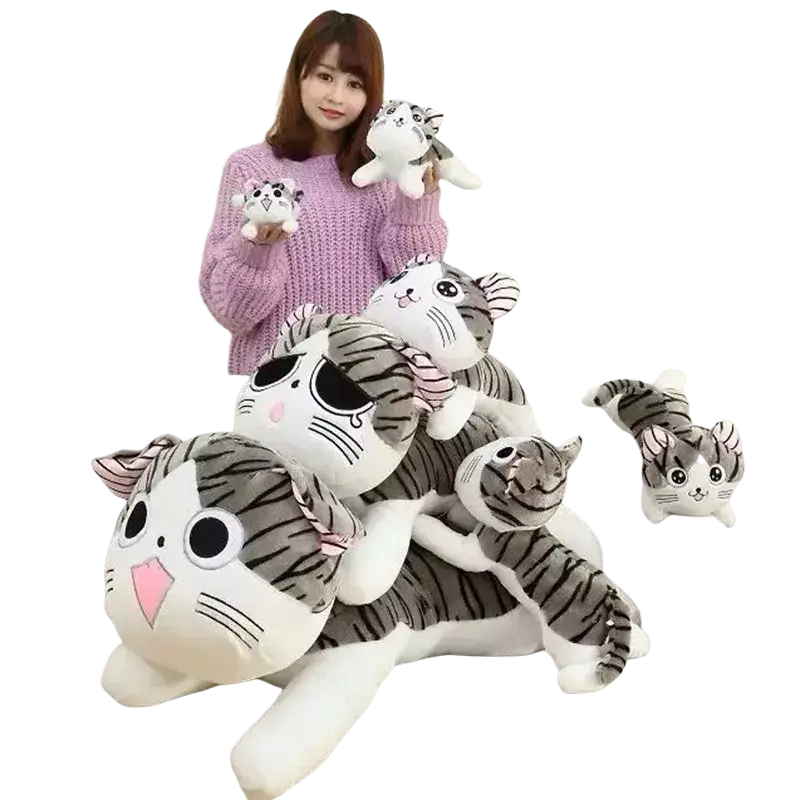 Cheese Cat soft animal plush toy in gray and white with black stripes pink nose and large round eyes soft animal doll