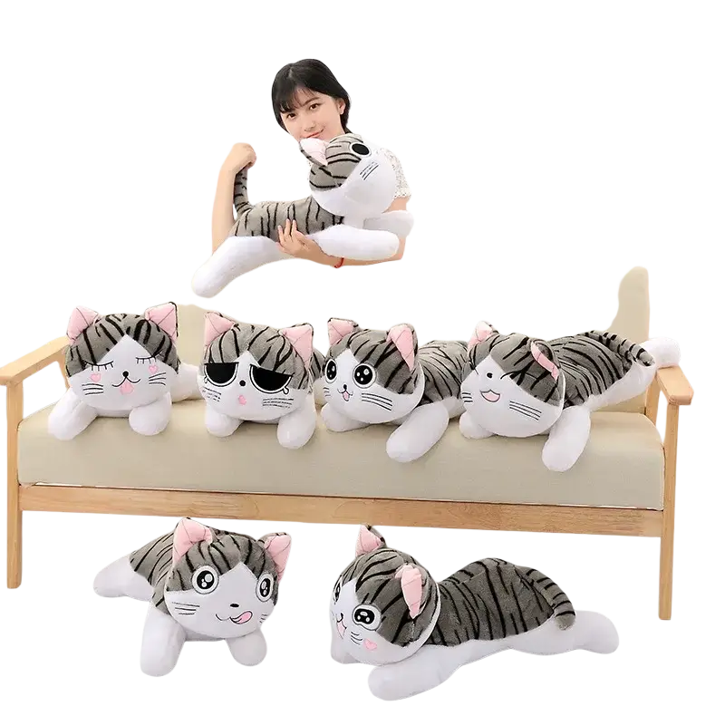 Cheese cat soft animal plush toy featuring plush gray and white striped soft animal dolls with pink inner ears