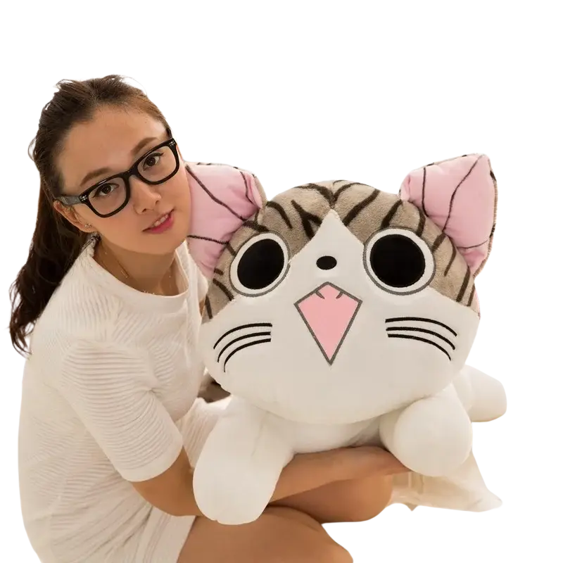 Cheese cat soft animal plush toy featuring a white-faced gray tabby cat with pink bow ears and soft fabric body
