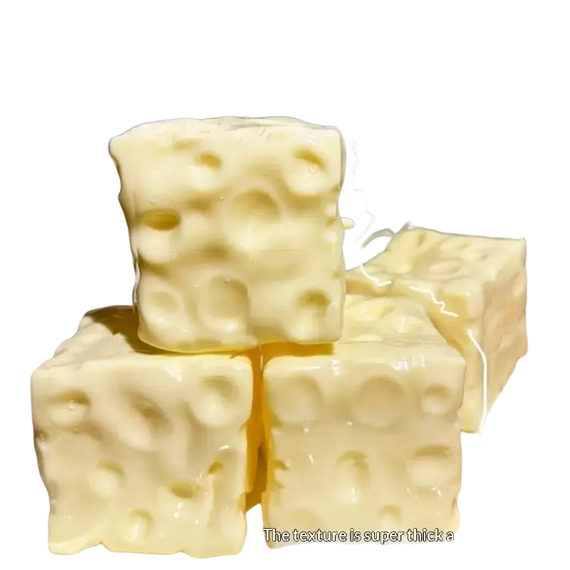 Cream-colored square-shaped cheese fidget toy 6cm x 6cm with plush texture and holes for stress relief use