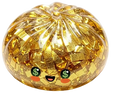 Golden translucent cheese fidget toy stress relief squishy with glittering confetti and cartoon eyes featuring dollar signs