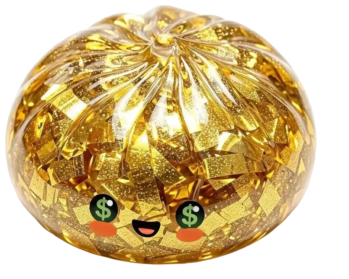 Golden translucent cheese fidget toy stress relief squishy with glittering confetti and cartoon eyes featuring dollar signs
