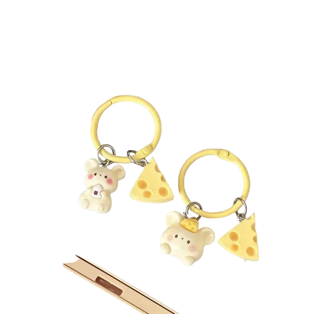 Cute yellow cheese and mouse cartoon keychains with soft pastel accents for kawaii bag charms