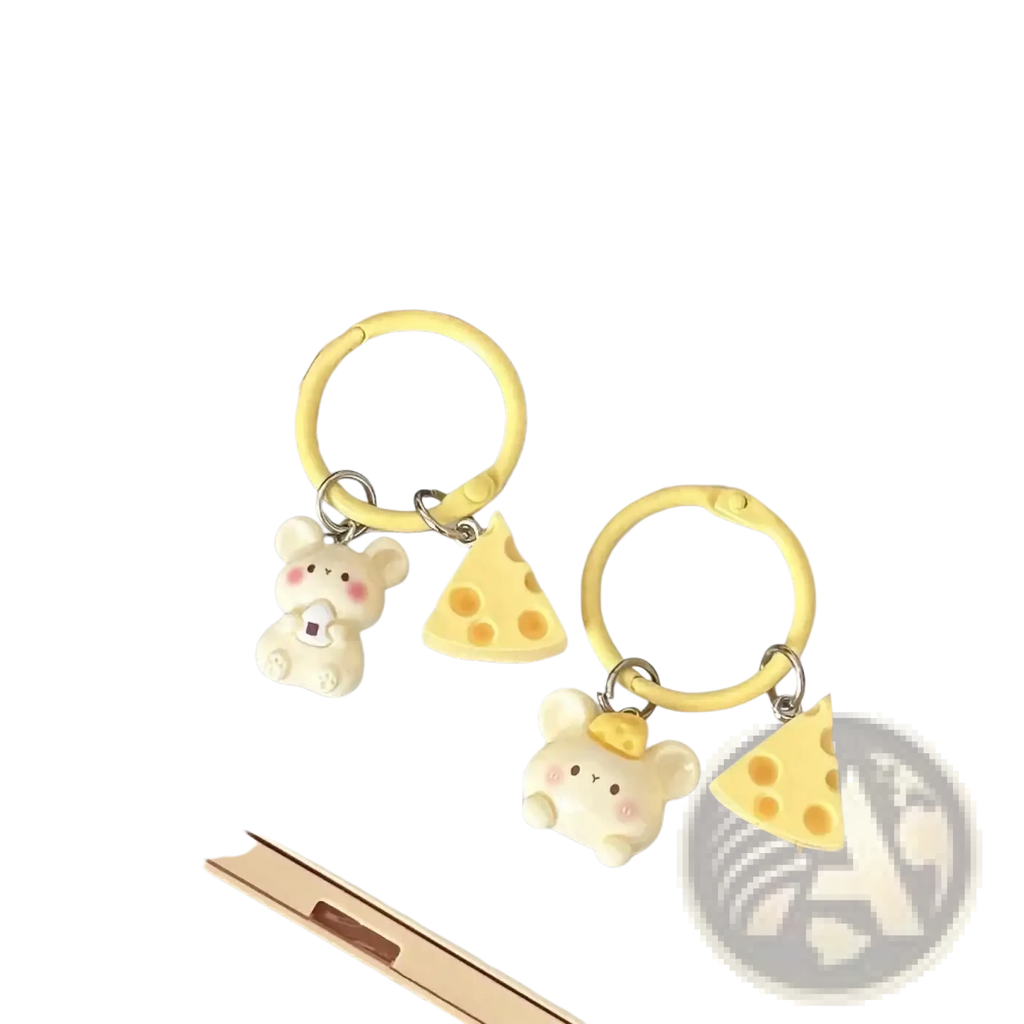 Cute yellow cheese and mouse cartoon keychains with soft pastel accents for kawaii bag charms