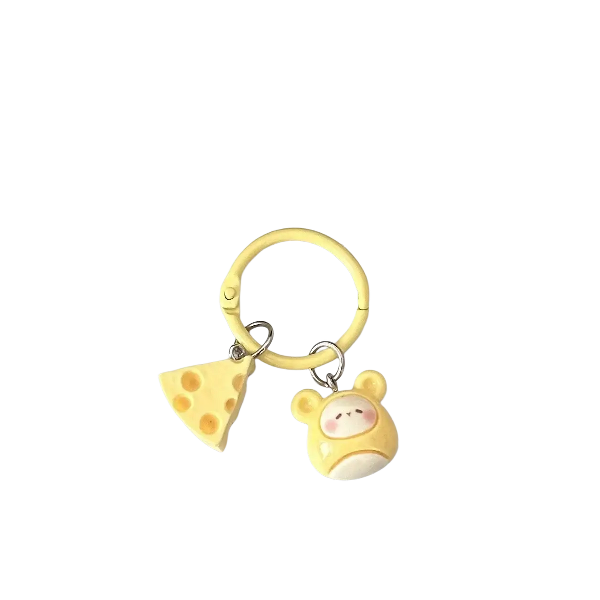 Yellow plastic cheese mouse cartoon keychain with cheese slice and bear charm as a kawaii bag charm