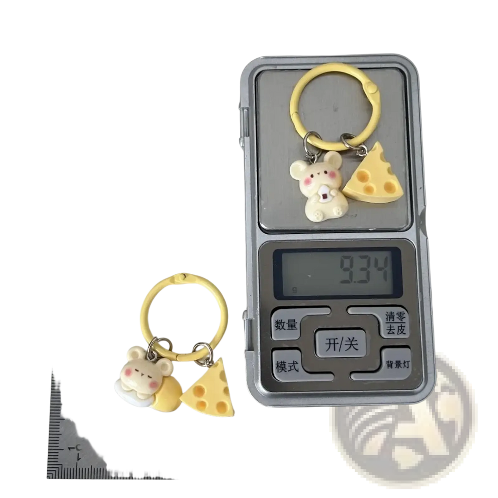 Yellow plastic cheese mouse cartoon keychain featuring a cute white mouse charm holding a slice of cheese for bag charm use