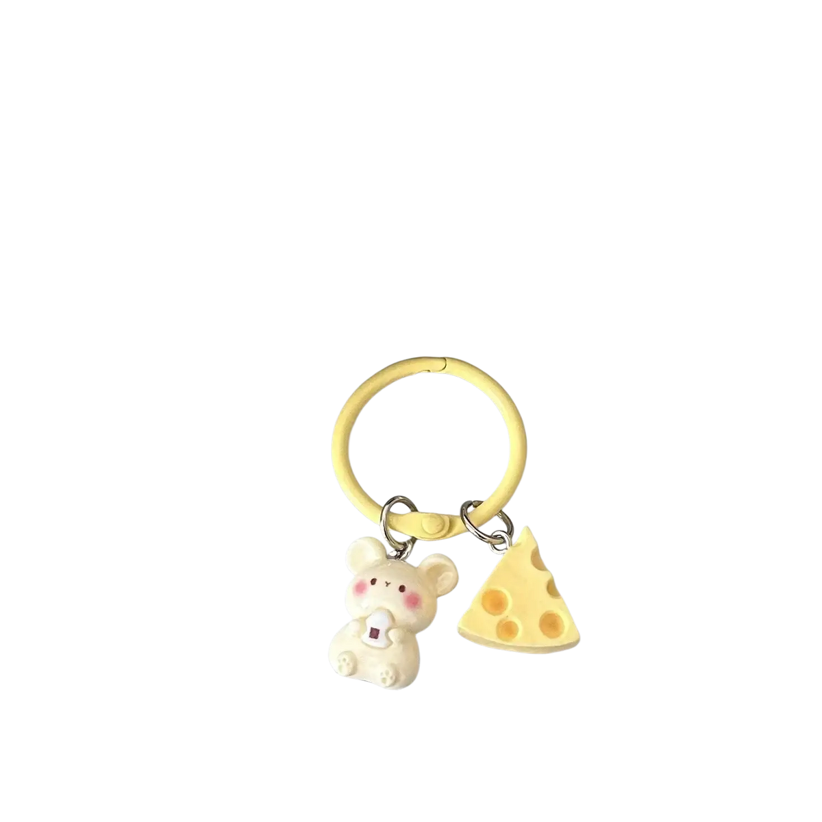 Yellow silicone keychain featuring a cream-colored mouse charm and cheese slice pendant for kawaii bag charm use