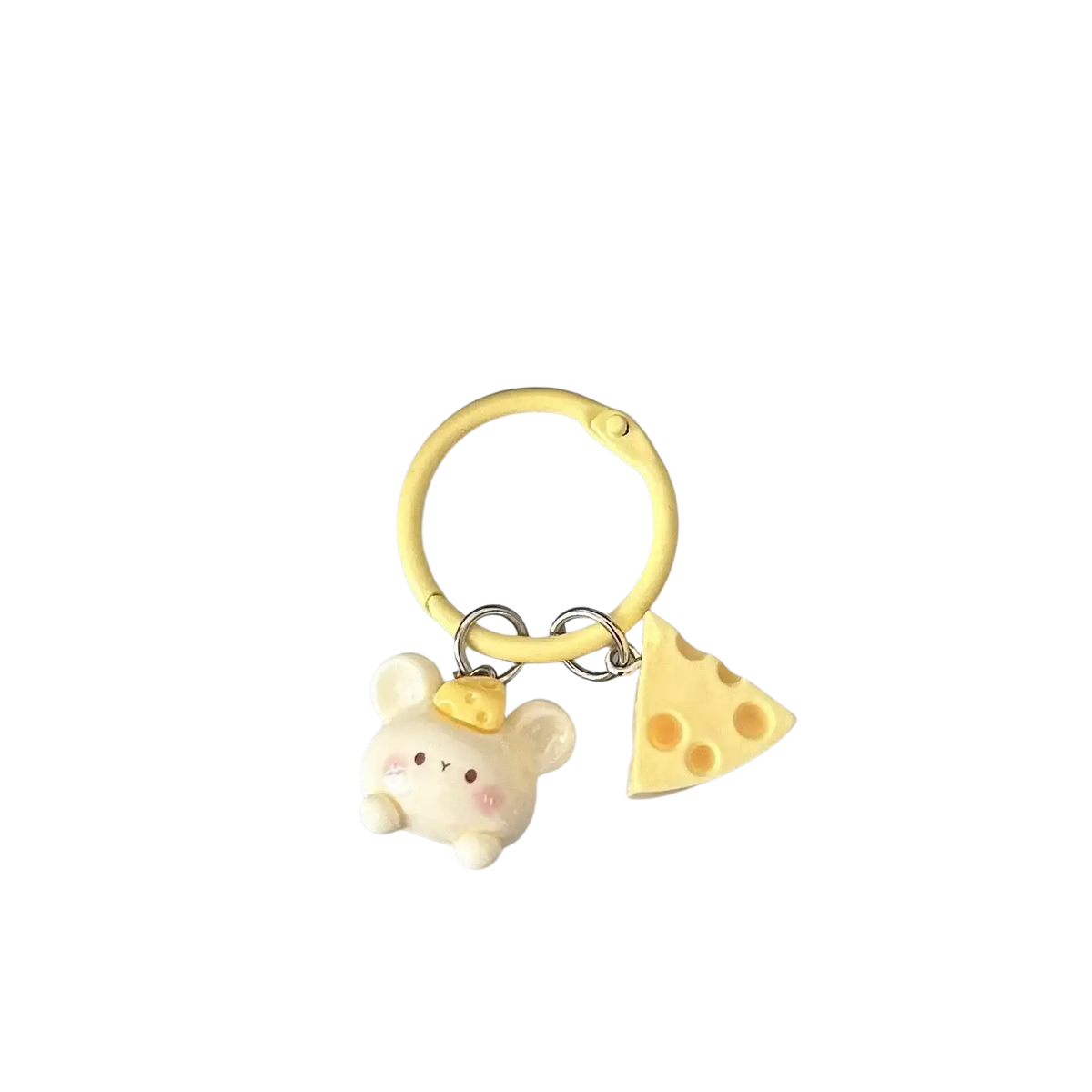 Yellow silicone cheese mouse cartoon keychain featuring a cream-colored mouse with cheese hat and swiss cheese charm