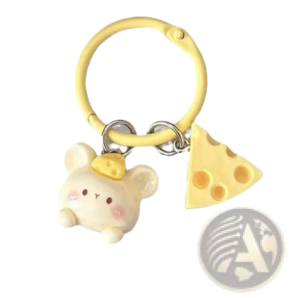 Yellow silicone cheese mouse cartoon keychain featuring a cream mouse charm with pink cheeks and a swiss cheese pendant